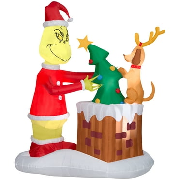 Gemmy Animated Airblown Inflatable Grinch Pulling Tree from Chimney Scene Dr. Seuss, 6.5 ft Tall