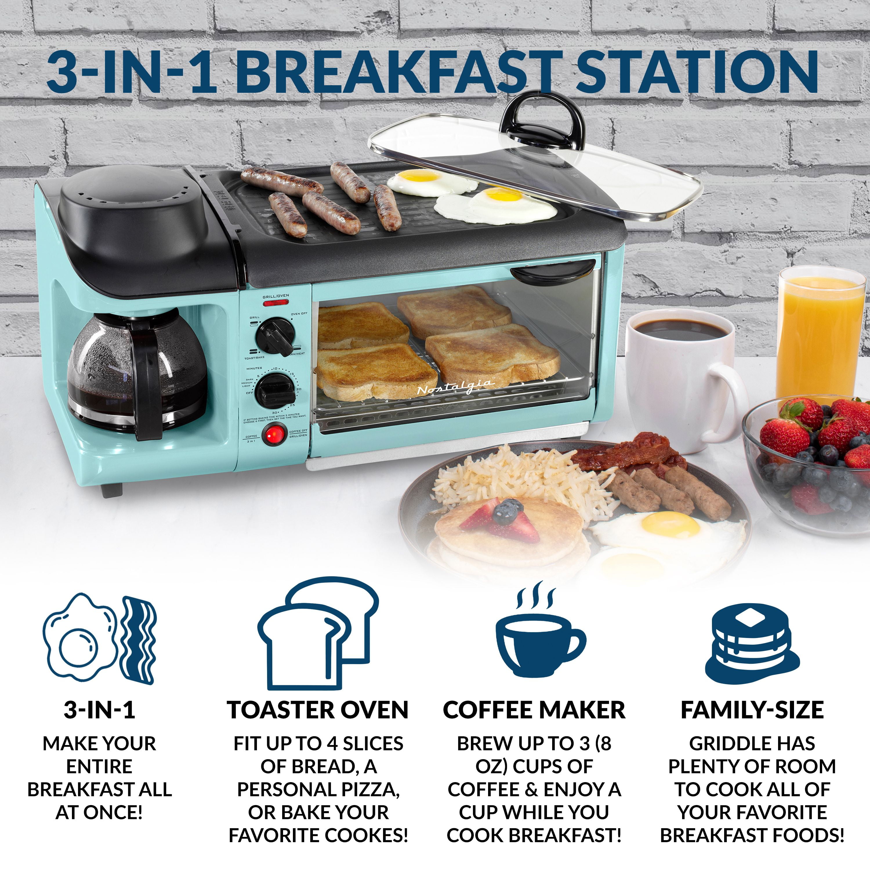 Nostalgia 3-in-1 Breakfast Station - Includes Coffee Maker, Non-Stick  Griddle, and 4-Slice Toaster Oven - Versatile Breakfast Maker with Timer -  Aqua