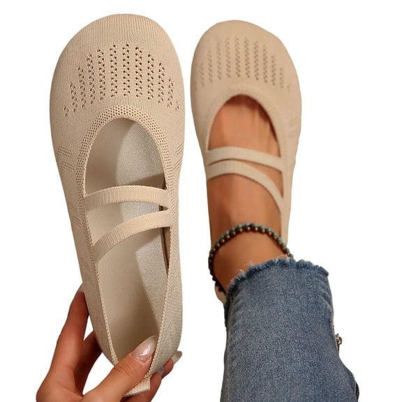 Vibrex Women's Knit Mary Jane Flats Round Toe Slip On Ballet Shoes Elastic Strap Breathable Soft Casual Work Office Daily Walking Flat Shoes