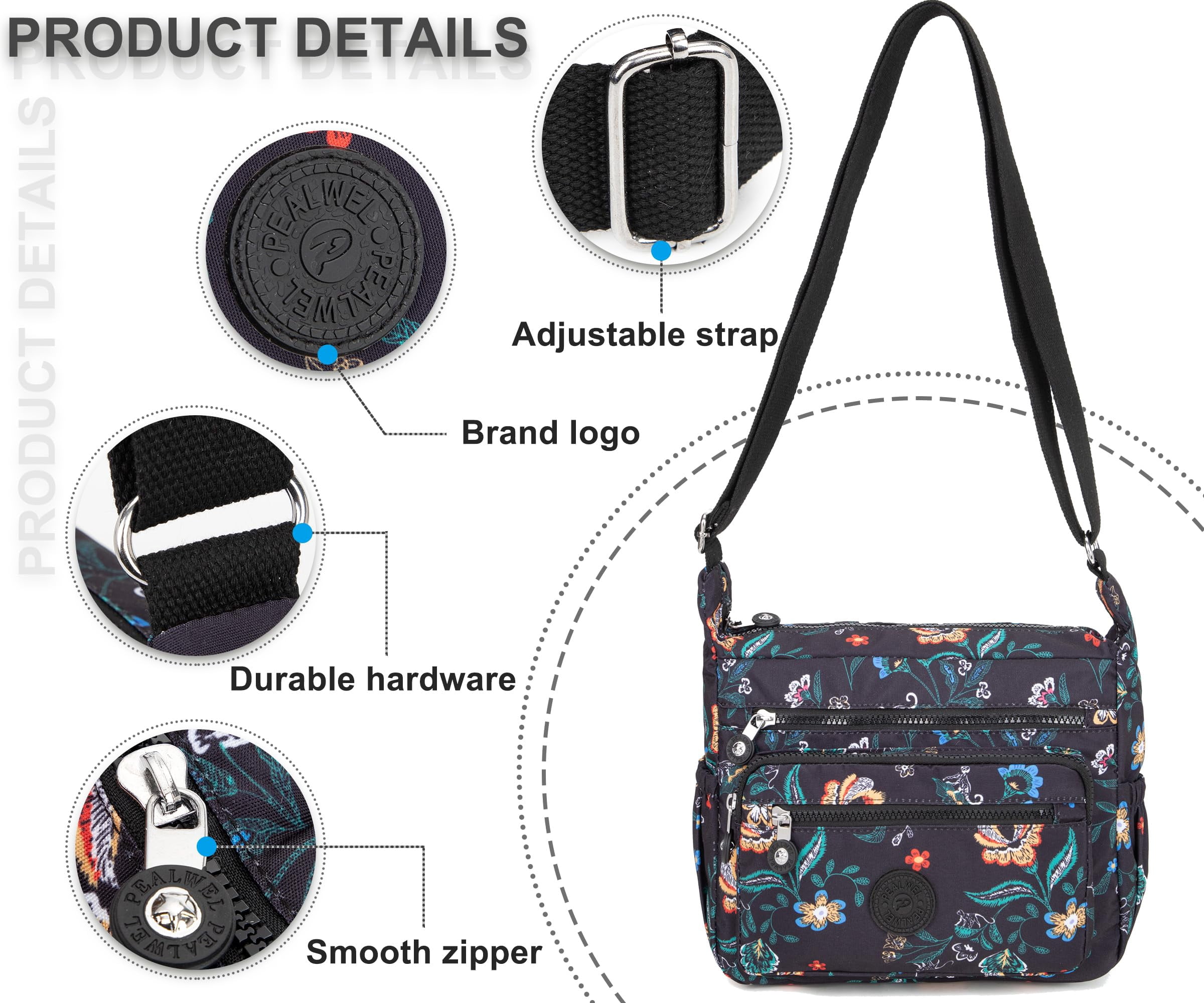 AOUNQ Crossbody Bag for Women Multi Pocket Shoulder Purse Bags Nylon Ladies Travel Handbag with Adjustable Straps