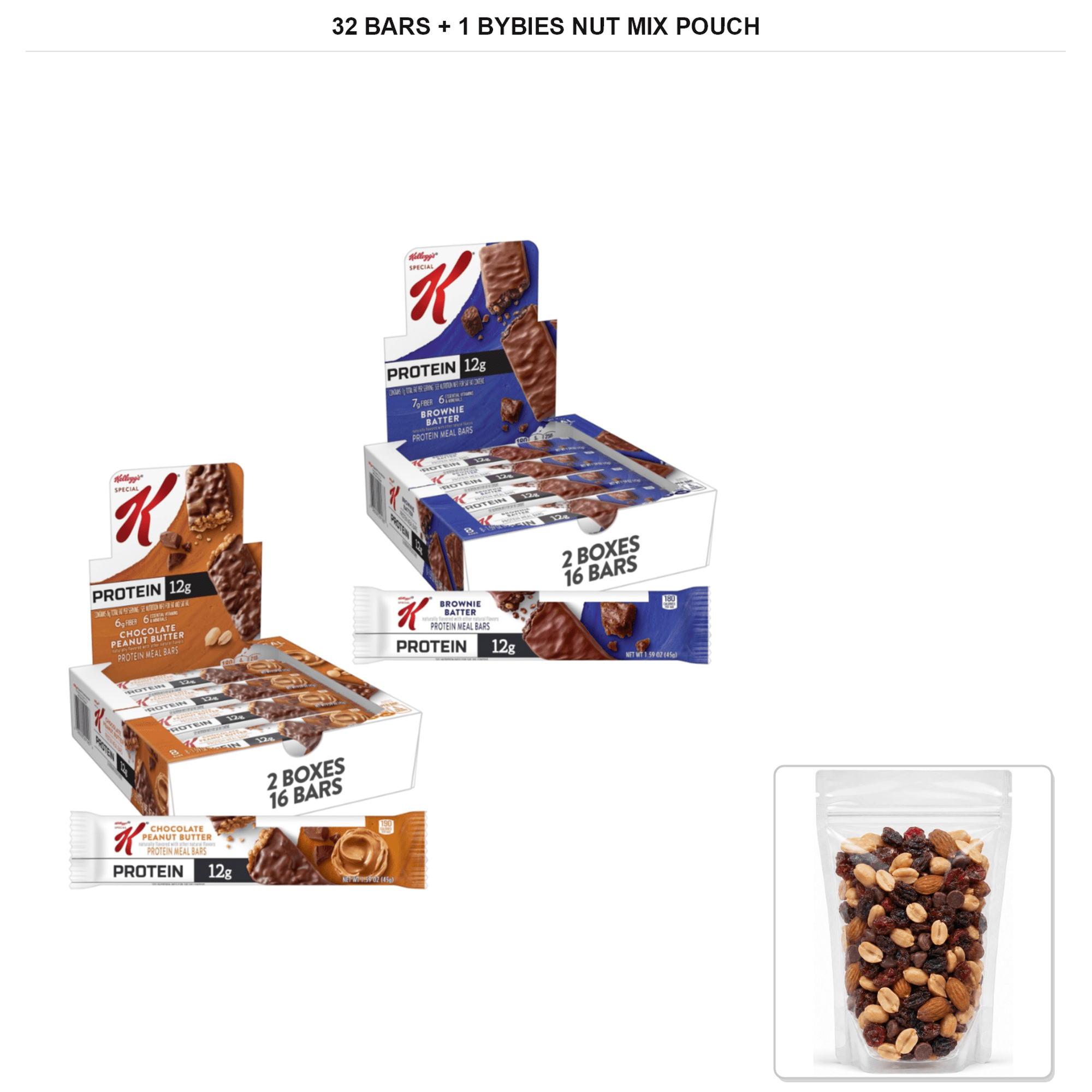 Special K Double Chocolate and Chocolate Peanut Butter Protein Meal Bars, 4 Boxes x 8 Bars, 32 Bars Total + 1x Bybies Nut Mix Pouch, 2 oz