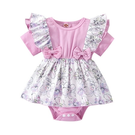 

Genuiskids Newborn Infant Baby Girl Romper Print Patchwork Fake Two Piece Short Sleeve Ribbed Ruffle Bottom Snap Jumpsuit 0-12M