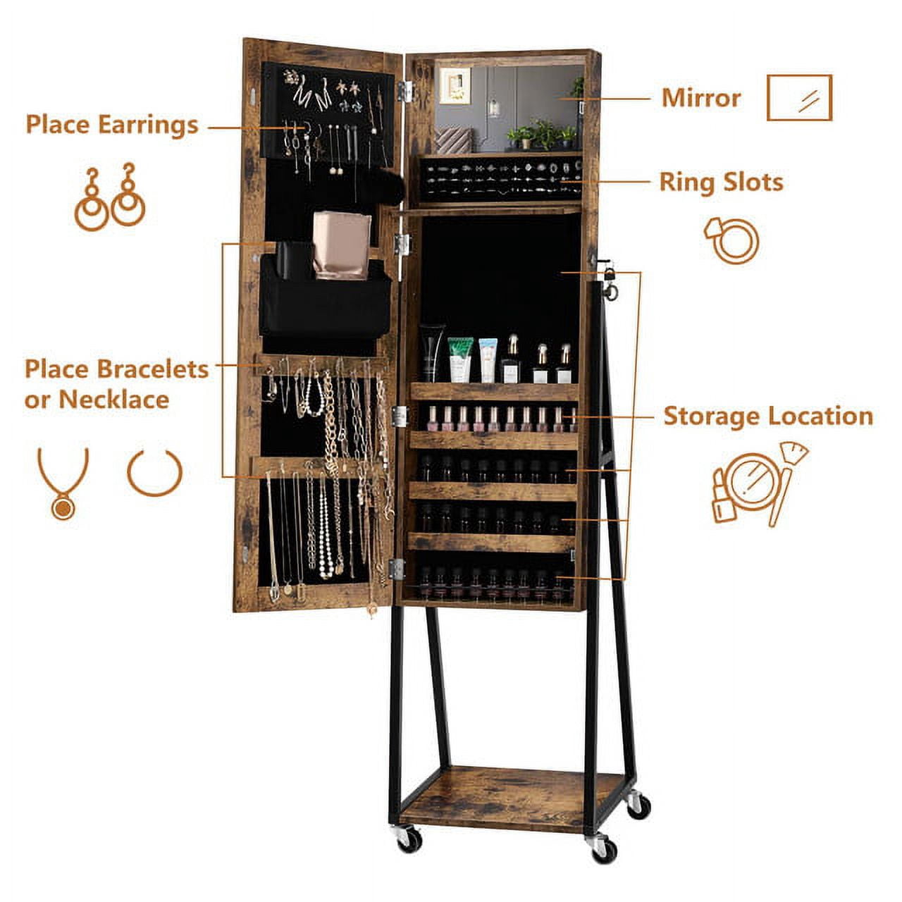 Oumilen Jewelry Armoire on Casters in Burnt Wood Brown for Adults