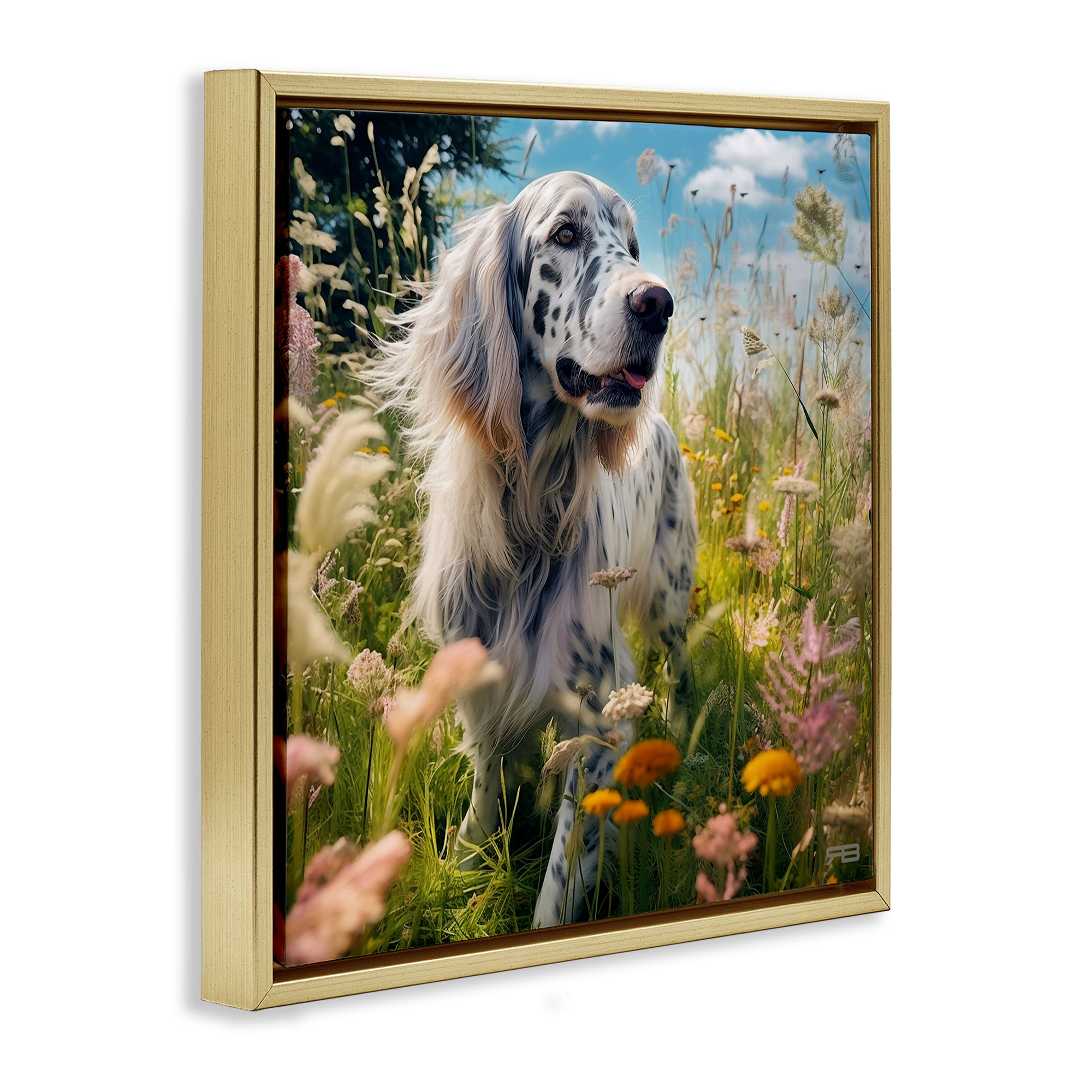 Stupell Industries Happy Dog Among Flowers Landscape Painting Gold Floater Framed Canvas Art Print Wall Art, 18 x 18