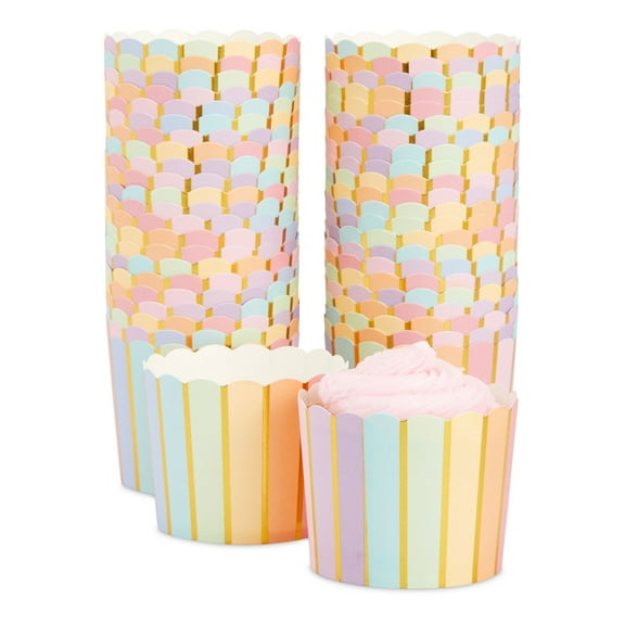 50 Pack Cupcake Liners Wrappers, Muffin Paper Baking Cup for Birthday Party, Rainbow Striped Color