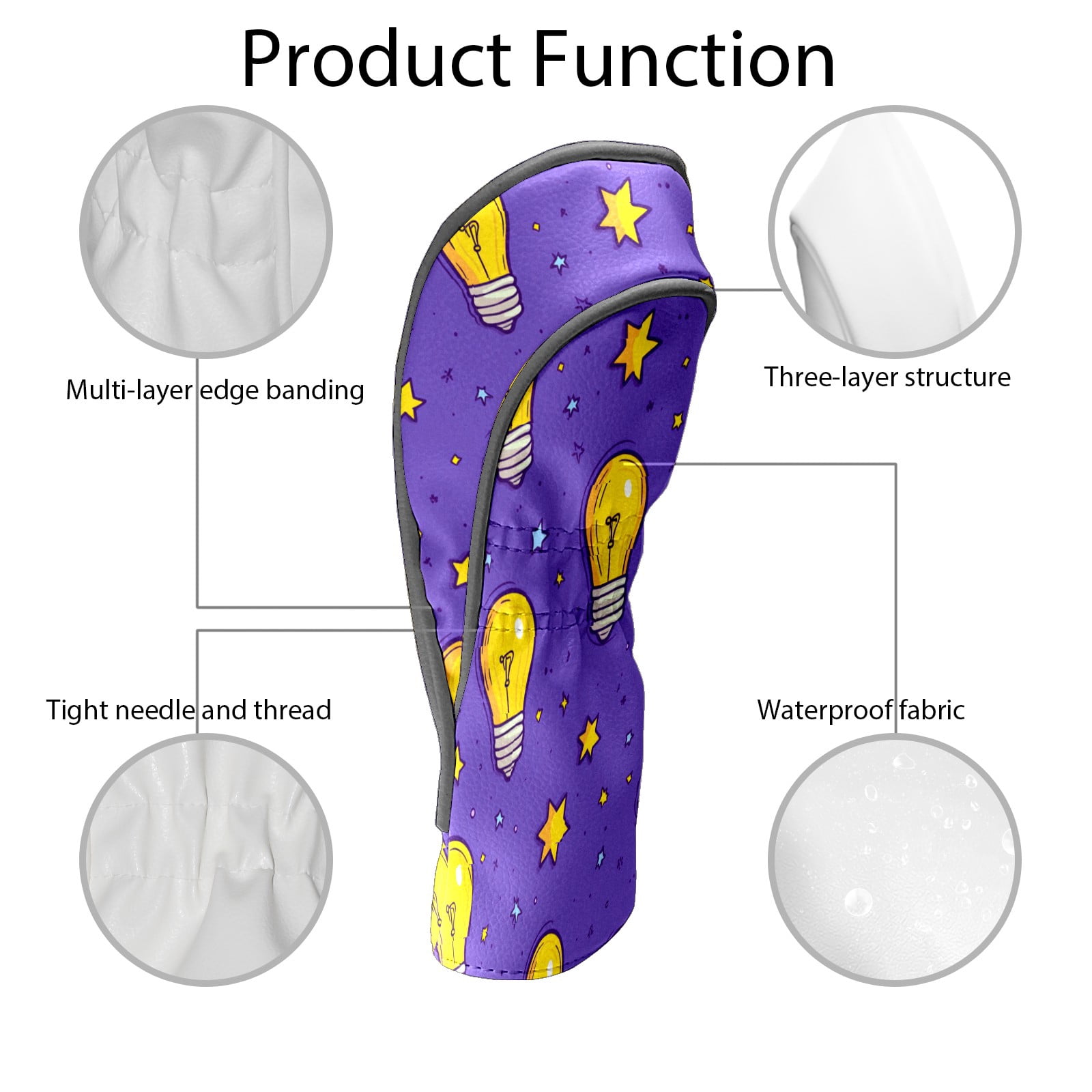 Golf Club Covers PU Leather Waterproof Head Covers for Fairway Woods Hybrids Cartoon Light Bulb Pattern