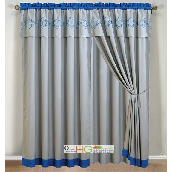 4-Pc Embroidery Quatrefoil Geometric Trellis Striped Curtain Set Blue Silver Gray Valance Drape Sheer Liner