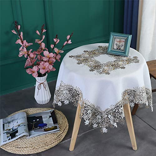 Cotton Linen Tablecloth 33 X Inches Square Lace Flower Embroidery White Table Cover For End Small Cabinet Home Decoration Com Cotton Linen Tablecloth 33 X Inches, Tablecloth For Small Round End Table