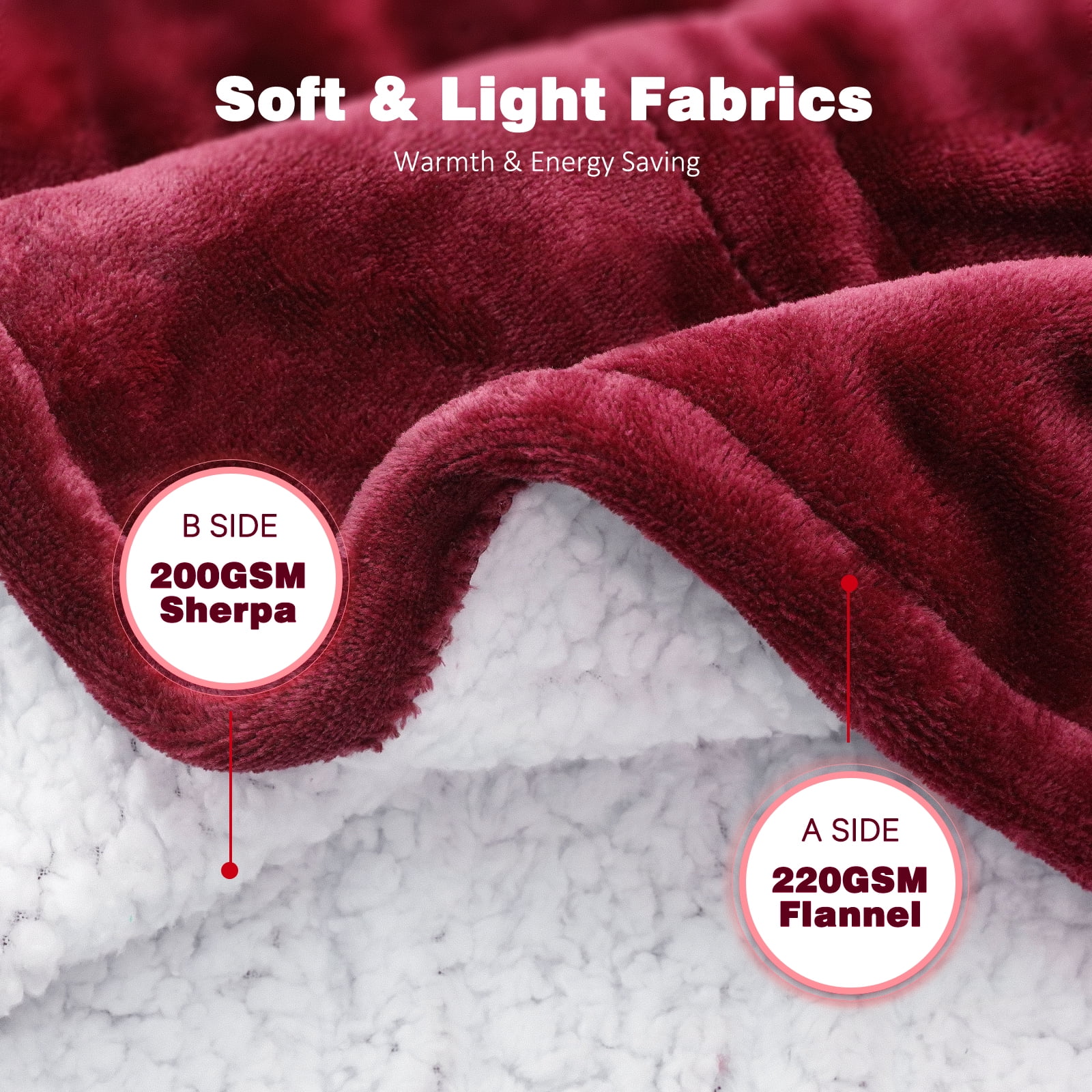 Mia&Coco Electric Heated Blanket Throw Flannel Sherpa Fast Heating 50x60,  6 Heating Levels & Up-to-10-Hours Auto-Off Timer & LED Display, for Home