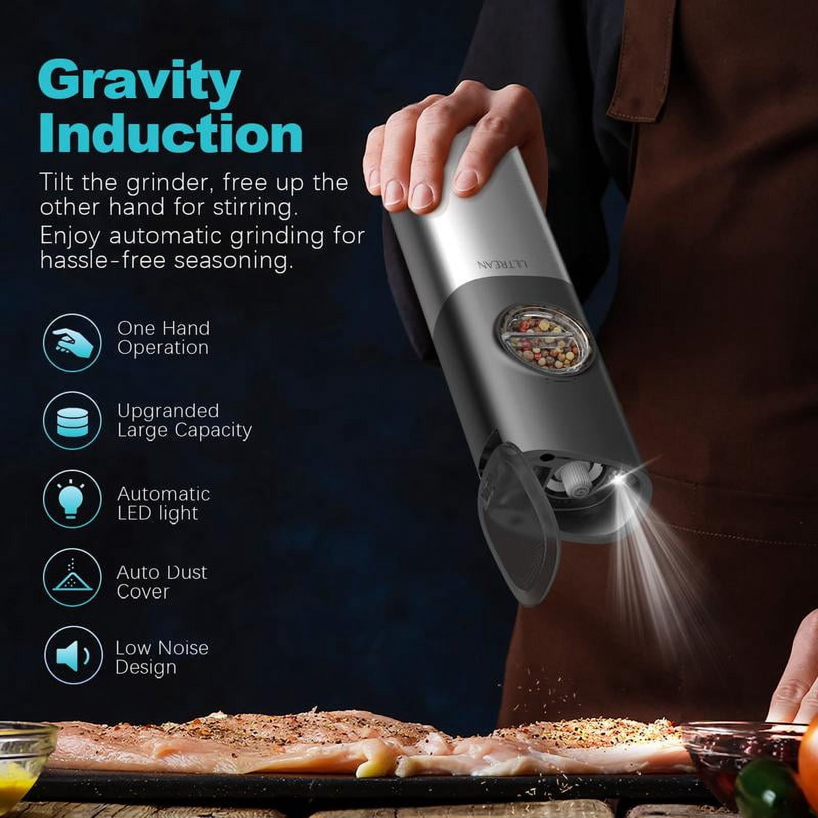 Ultrean Electric Salt & Pepper Grinder Sets, 2pcs Rechargeable, Adjustable, Stainless Steel Construction, Auto Dust Lids, LED one-hand operation