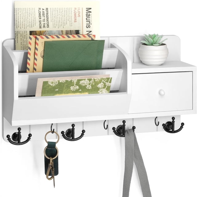 Key Holder Wall Mount Mail Organizer Wall Mount with Storage Hooks and Drawer for Modern Farmhouse Decor Mail Organizer Wall Mounted for Rustic Apartment Essentials ()
