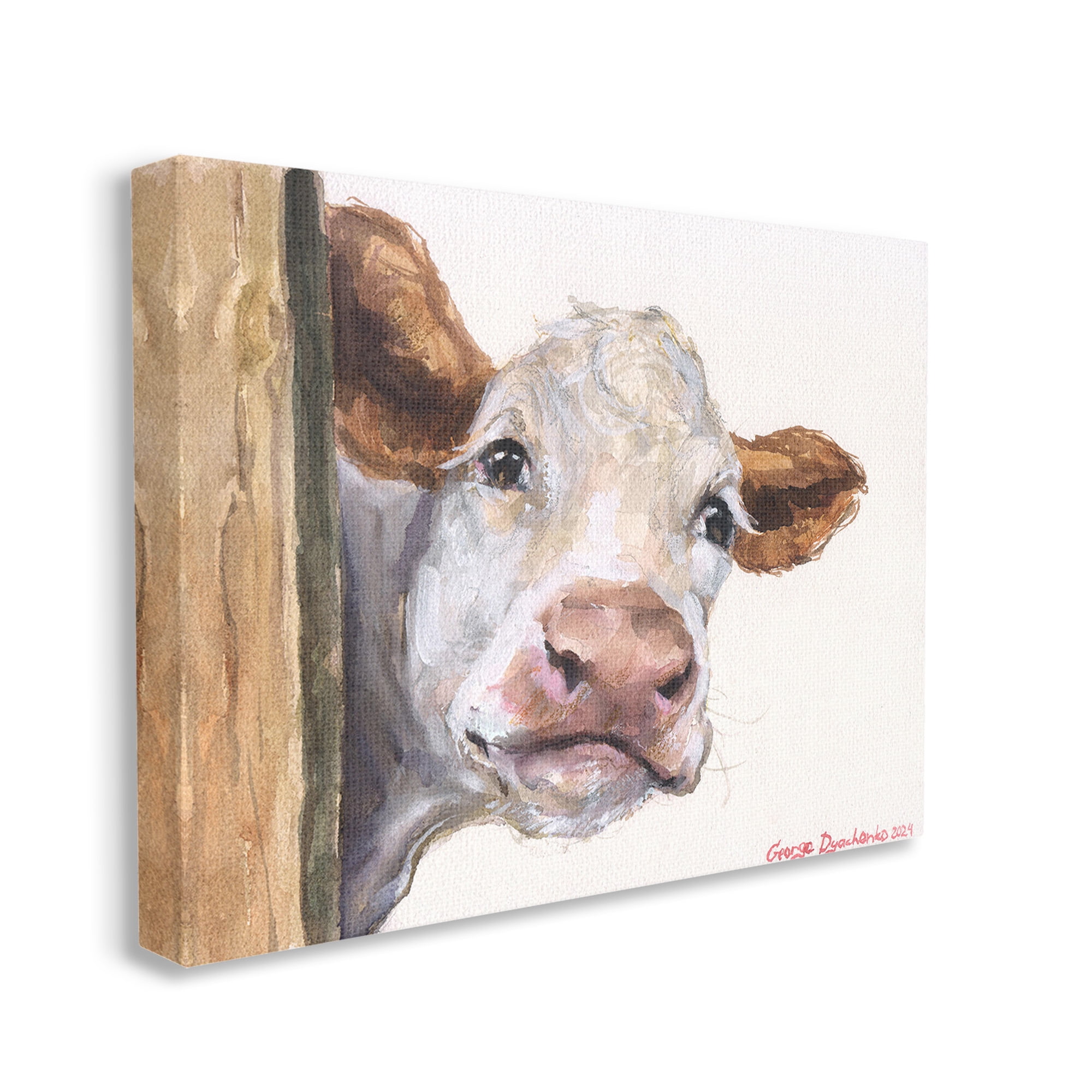 Stupell Industries Peeking Cattle & Fence Animals & Insects Painting Gallery Wrapped Canvas Art Print Wall Art, 48 x 36
