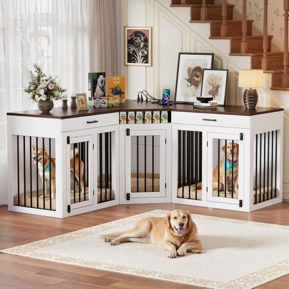 PAKASEPT L-Shaped Corner Dog Crate Furniture Large Breed, 3 in 1 Corner Dog Crate Furniture, Wooden Dog Crate Kennel with 2Drawers,Divider,Power Outlet for Small,Medium,Large Dogs