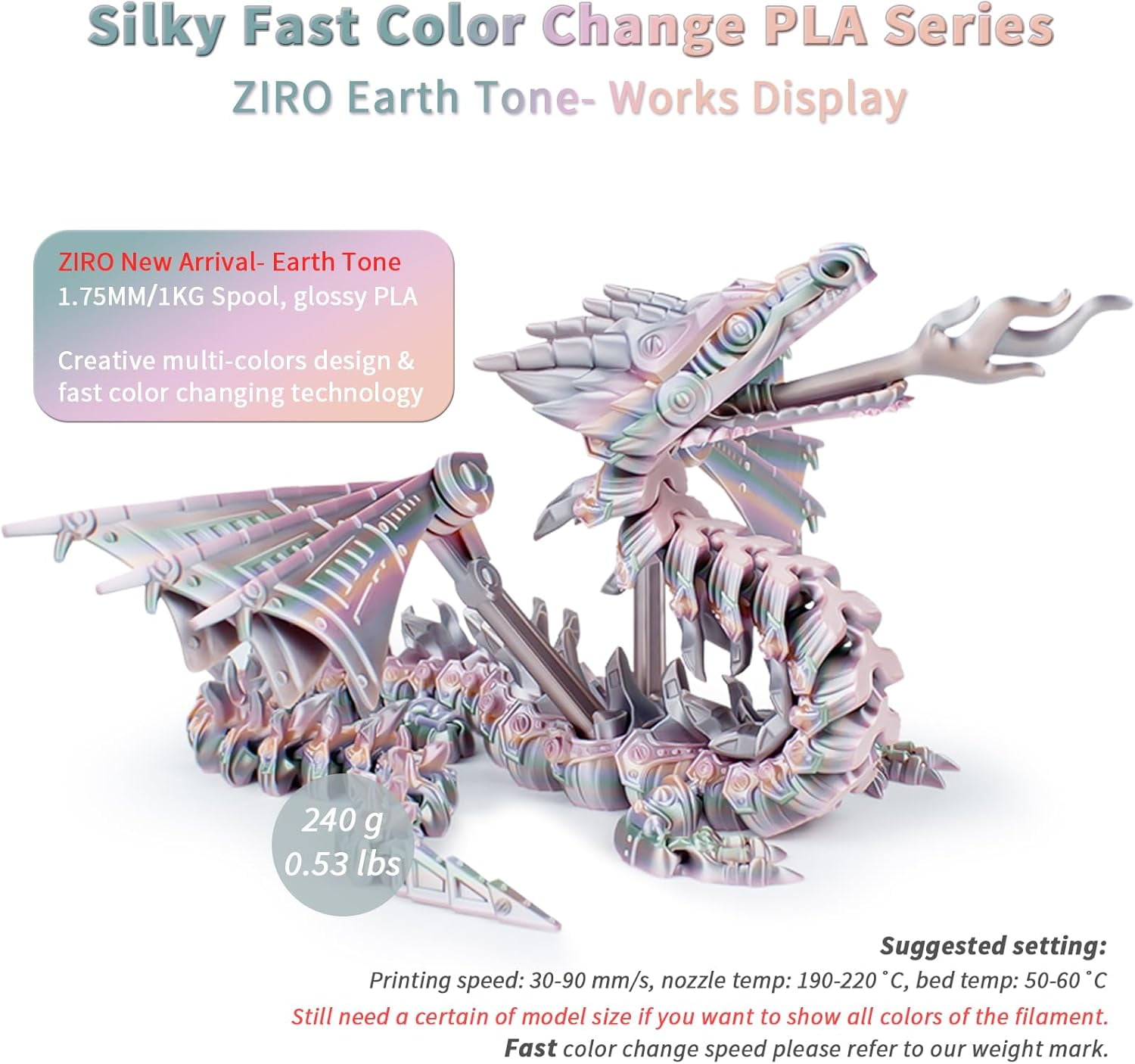 3D Printer Filament, Shiny PLA Fast Gradient Color Change, Glossy Color Change by Length PLA, Fit Most FDM 3D Printers, Dimensional Accuracy +/-0.03mm, 1KG/2.2lb Spool, Earth Tone(Silk)