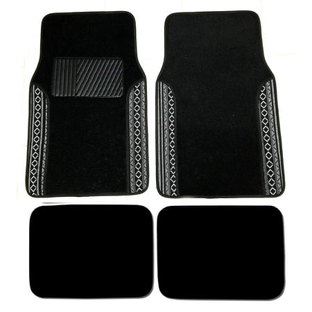 Premium Carpet 4PC Front & Rear Driver Passenger Floor Mats Cars Trucks Sedans SUVs (Black Baja Two-Tone)