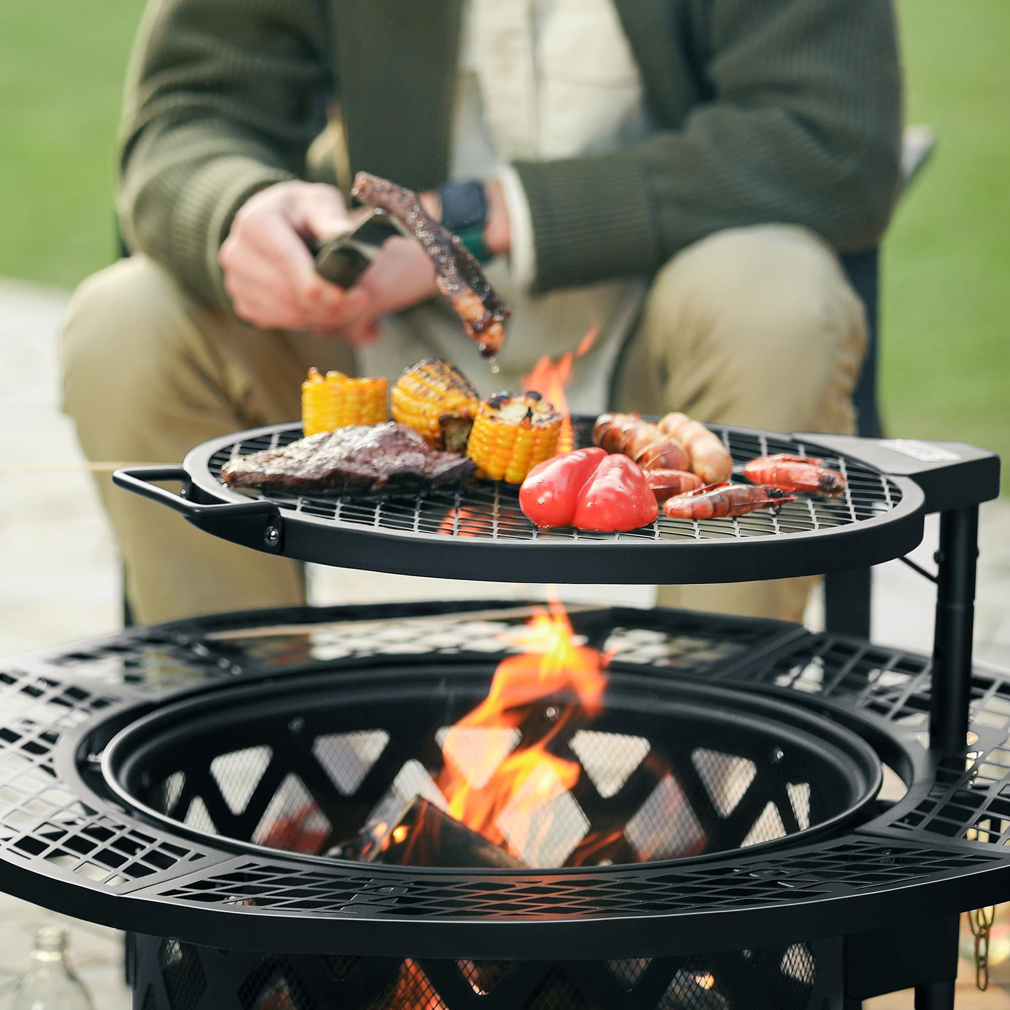 BALI OUTDOORS 32 inch Fire Pit with Poker, Wood Burning Fire Pit Patio for Outside with Grill
