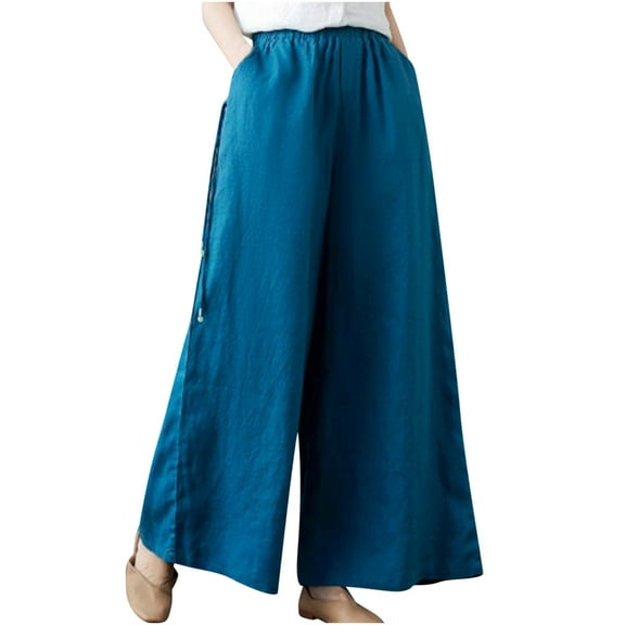 Wenyuyu Women's Plus Size Trousers Casual Elastic Waist Cotton Linen Pants Summer Fashion Side Drawstring Pants with Pockets