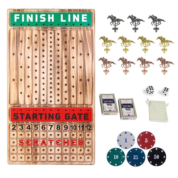 Horse Race Board Game Racing Game Thickened Solid Wood with 11 Luxurious Durable Classic Metal Horses with 4 Dice and 2 Boxes of Cards Horse Racing Game (Light Flame Color, Rectangle)