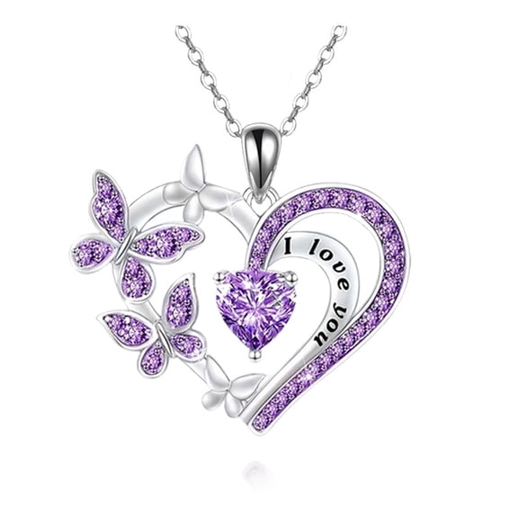 I Love You Heart Shape Pendant Necklace Butterfly Necklace Shining Crystal Dainty Necklace for Women