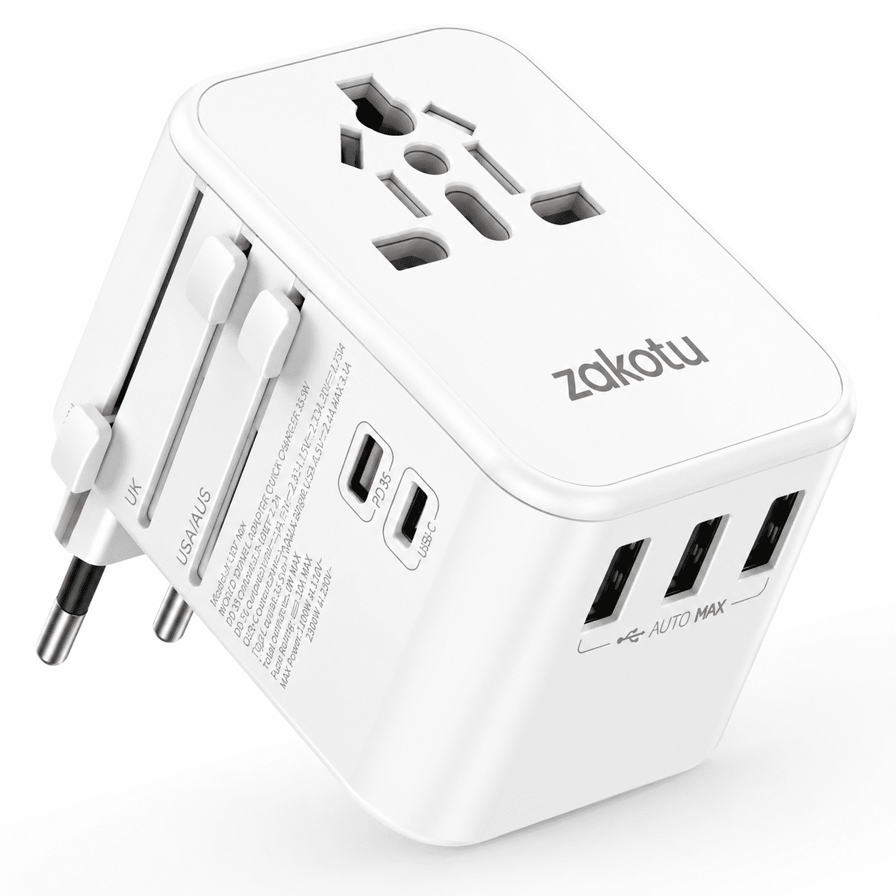 35.5W Universal Travel Adapter with 2 USB-C & 3 USB-A Ports, International Power Adapter with PD 3.0 & QC Fast Charging, 6-in-1 Worldwide Plug Adapter for USA EU UK AUS, Type A/C/G/I Travel Charger