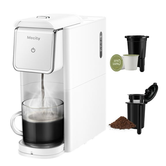Mecity Mini Coffee Maker - Single Serve for K-Cup, Ground Coffee & Loose Tea, 6-12 Oz Brew Sizes, Includes Water Window & Descaling Mode, White