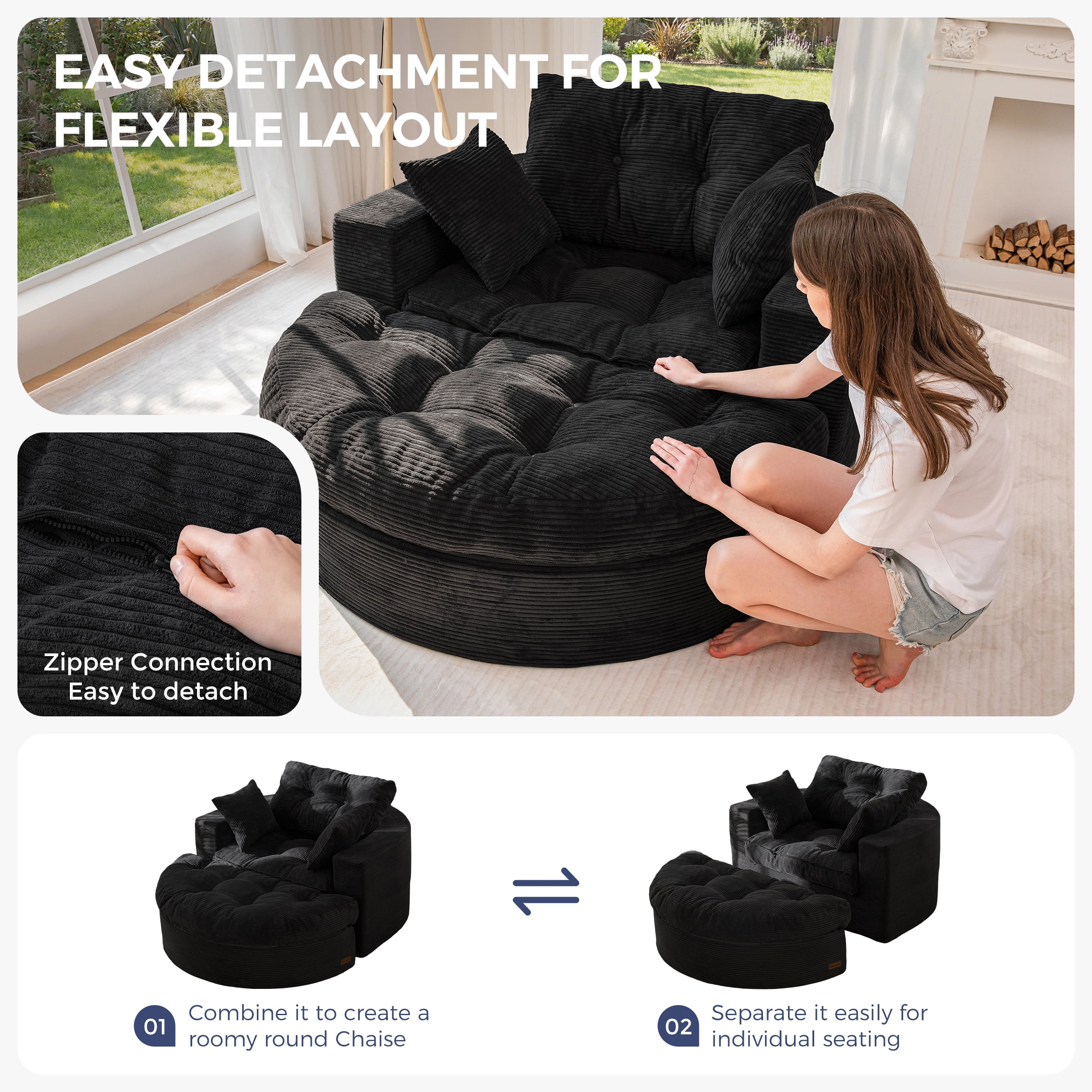 BYBYME 49''Round Chaise Lounge Chair,Corduroy Sofa Bed With Deep Seat,Upholstered Boneless Chaise Indoor,Cozy Sleeper Couch for Living Room with Ottoman,Black