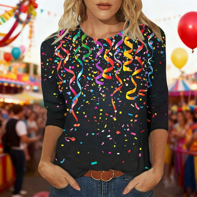 Xuyuer Carnival 2025 Womens 3/4 Sleeve Tops Mardi Gras and Costumes Fashion Round Neck Printed Blouse