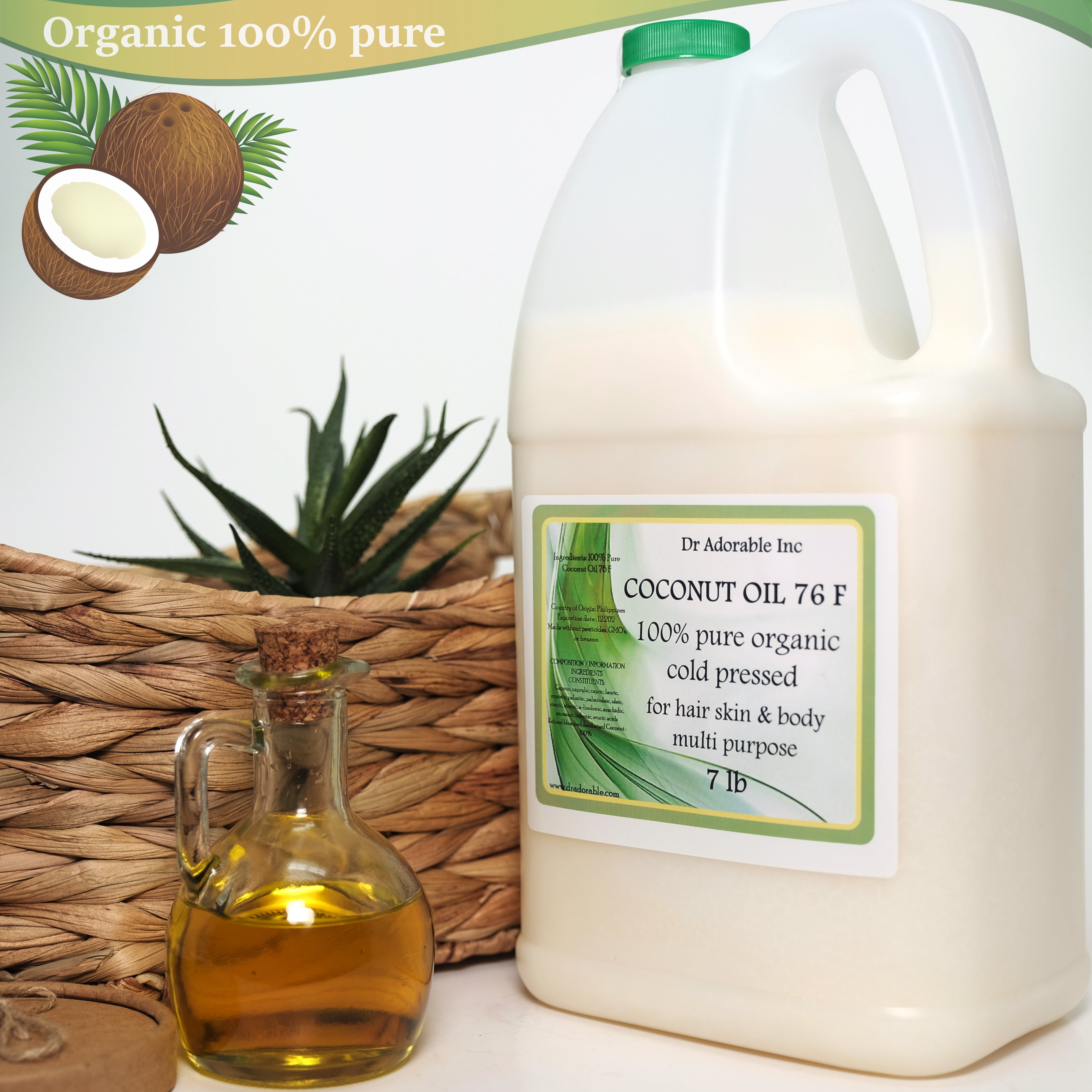 Dr Adorable - 7 lb - Coconut 76 F Oil - 100% Pure Organic Cold Pressed Refined Moisturizing Oil For Face Skin Hair