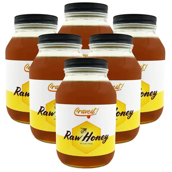 Crave It - Raw & Unfiltered Honey - No Artificial Flavors or Colors, Not Pasturized, and All Natural. 3 lbs Glass Jar(6 Pack)