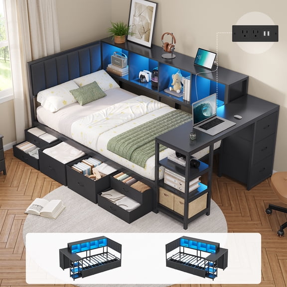 Twin Corner Bed Frame with 9 Storage Drawers and Desk, Metal Daybed with Charging Station, LED Lights and Bookcase Storage, Twin Size Platform Bed Frame for Teen/Adult, Black