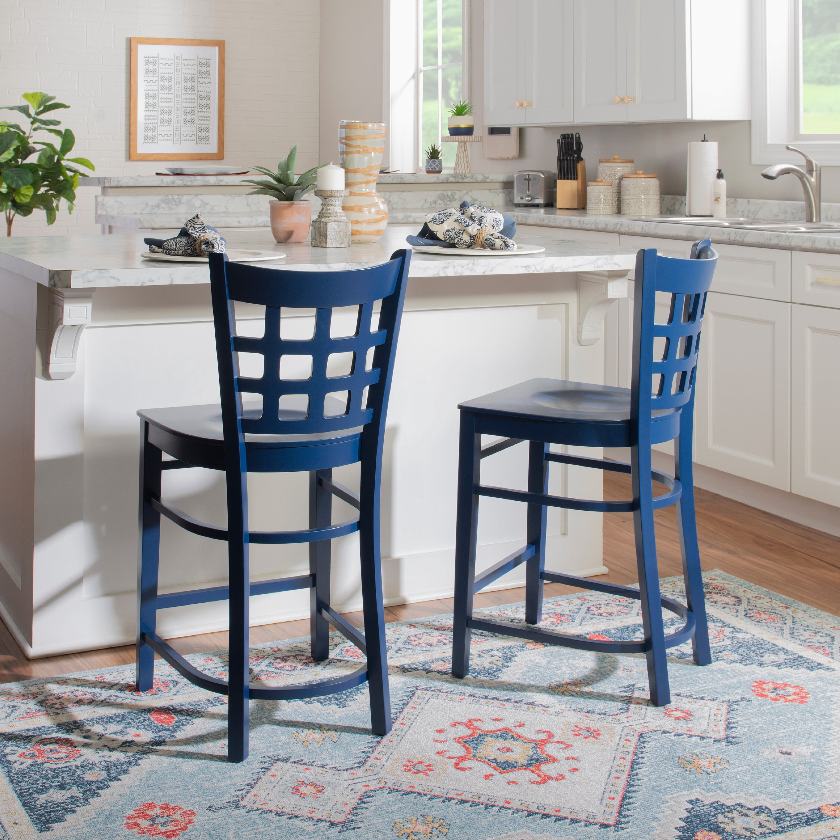 Linon Neville 24" Indoor Wood Counter Stool, Set of 2, Navy