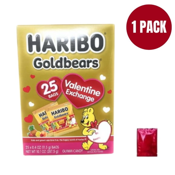 HARIBO Goldbears Valentine Exchange Gummi Candy, 25 Count Mini Bags (0.4 oz Each) – Fruity Gummy Bears   Bonus LaPrima Morceau Bonbon