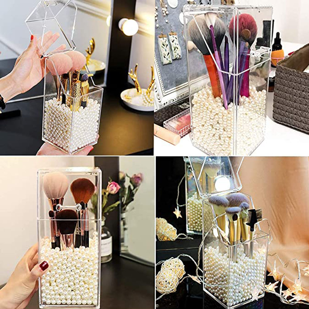 1 Piece Makeup Brush Holder,Dustproof Cosmetic Brush Organiser Storage Box, Brush  Organizer with Lid，Dustproof Makeup Brush Containers with Pink Pearls 