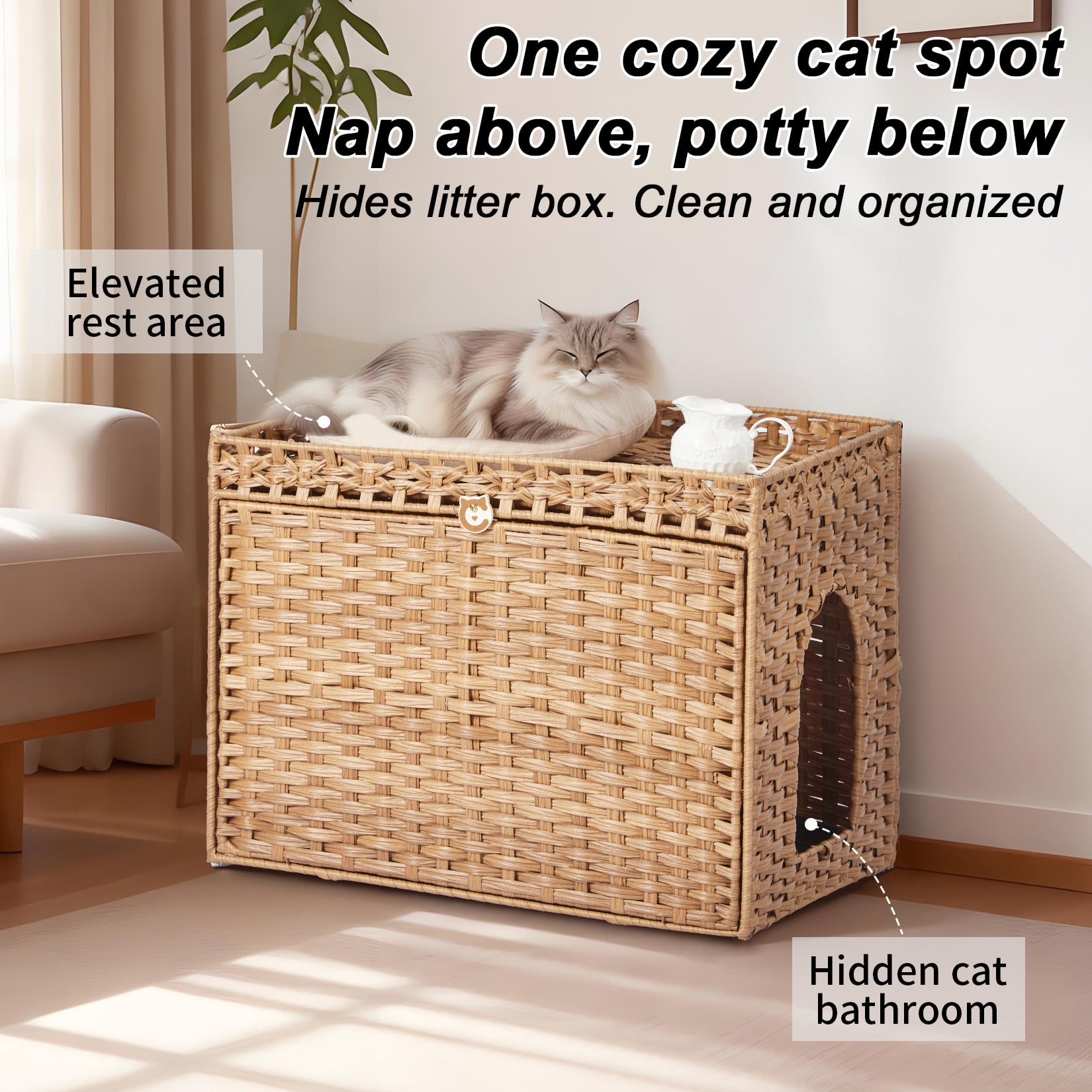 Handwoven Rattan Cat Litter Box Cabinet – Large Hidden Enclosure with Removable Mat and Fence – Stylish Boho Furniture, Easy to Clean, Covered Litterbox for Indoor Cats – Natural Color