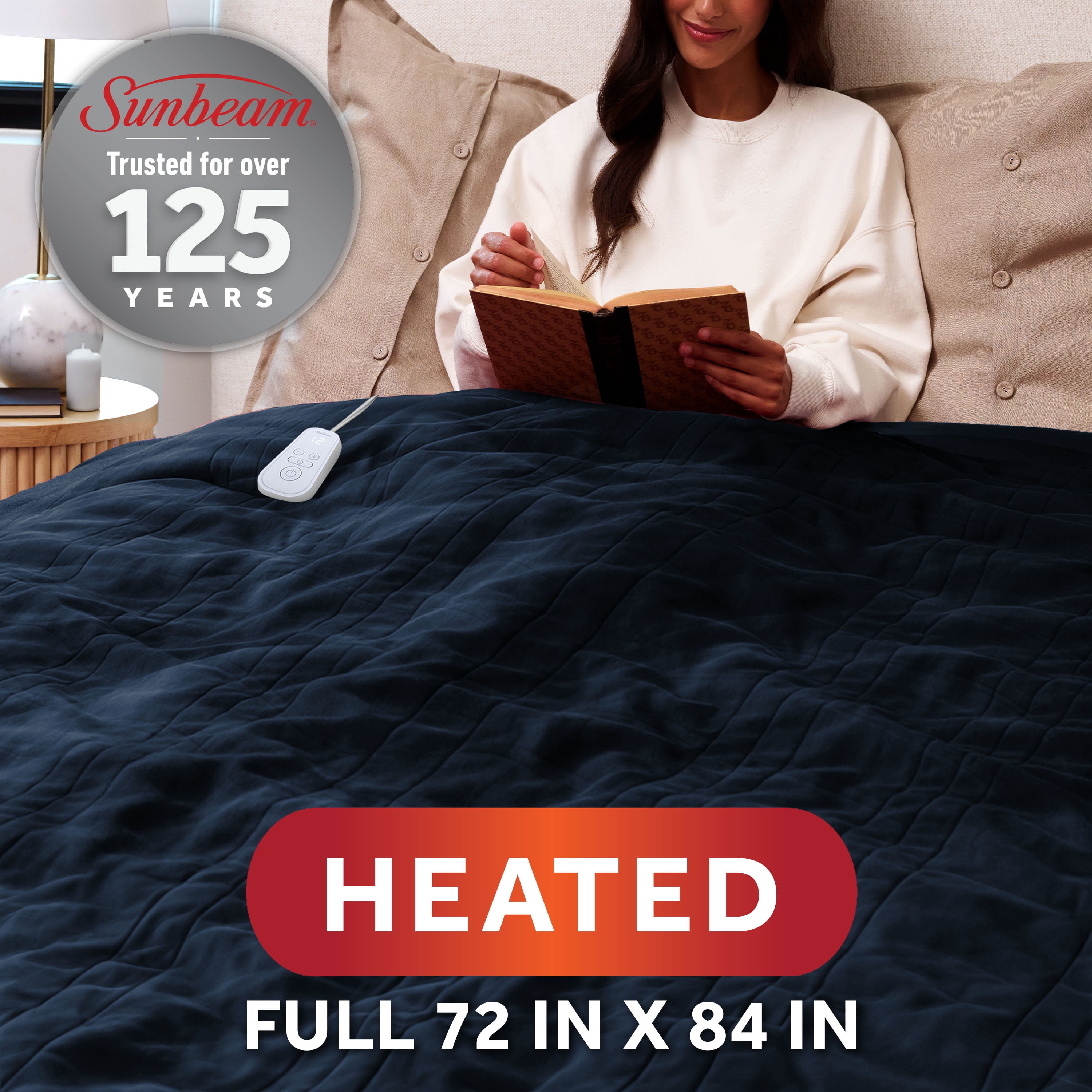 Sunbeam Heated Electric Microplush Bed Blanket, Poseidon Navy, Full Size, 12 Heat Settings, 72 x 84 in