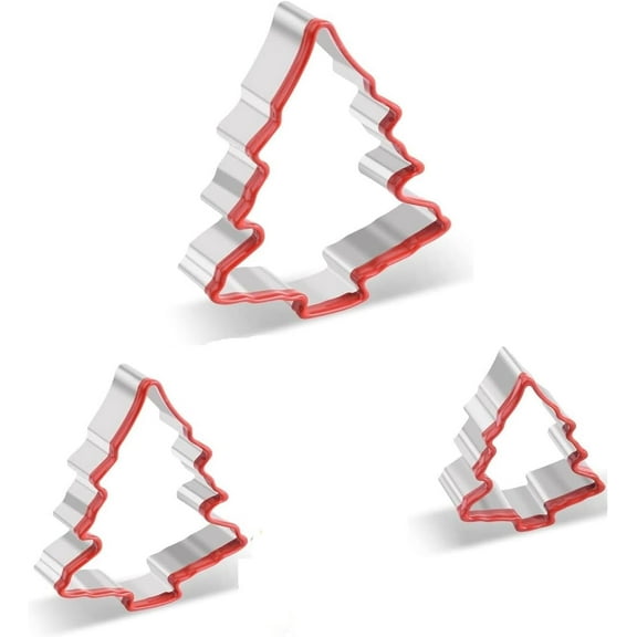 3Pcs Christmas Tree Cookie Cutters, Stainless Steel Christmas Cookie Cutter Tools with Red Environmental PVC, Christmas tree Shape Moulds Set for Baking