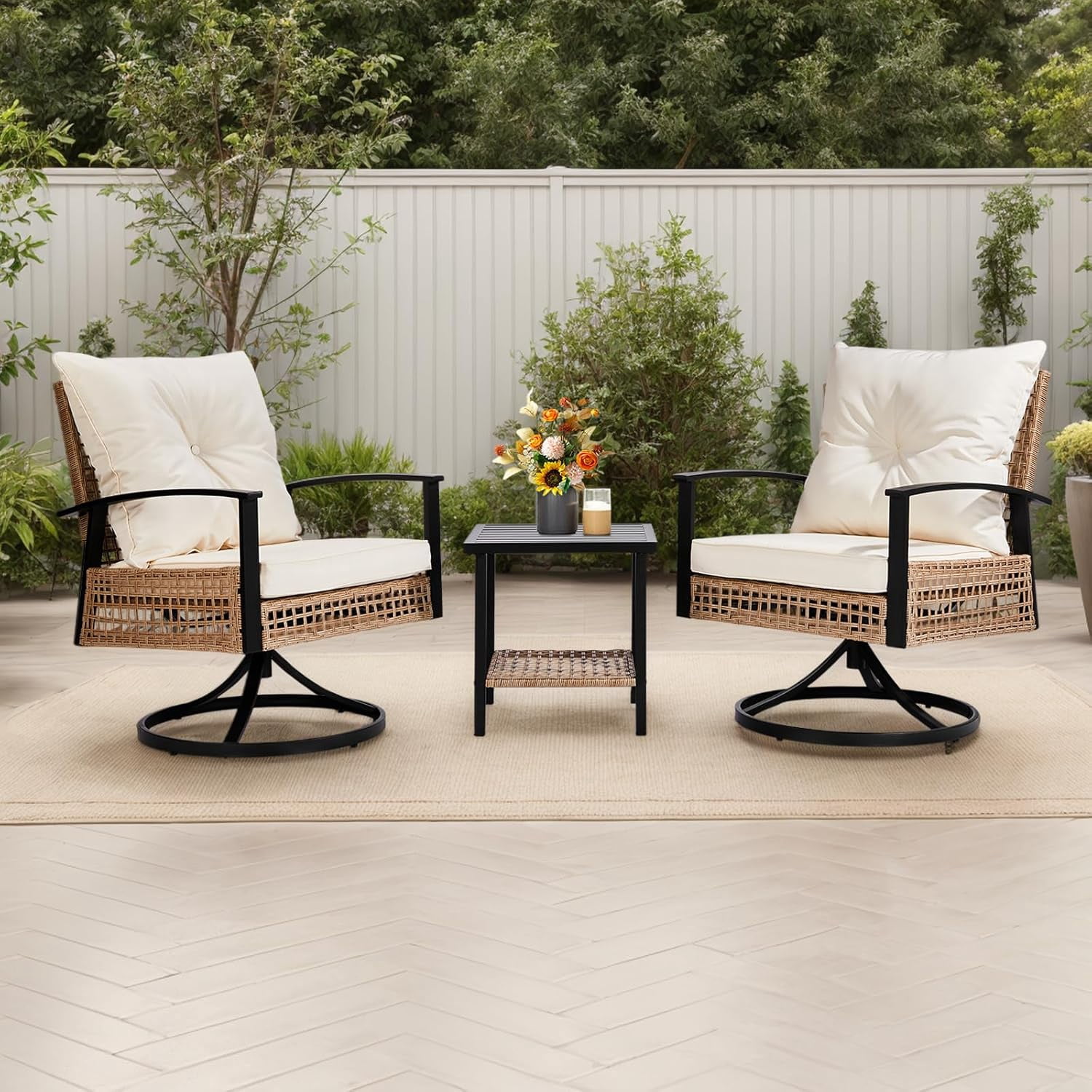 VINGLI 3 Pieces Outdoor Swivel Rocker Patio Chairs, Wicker Patio Bistro Set with 2 Rocking Chairs and 1 Coffee Table, Patio Furniture Set with Thickened Cushions for Porch Backyard Poolside