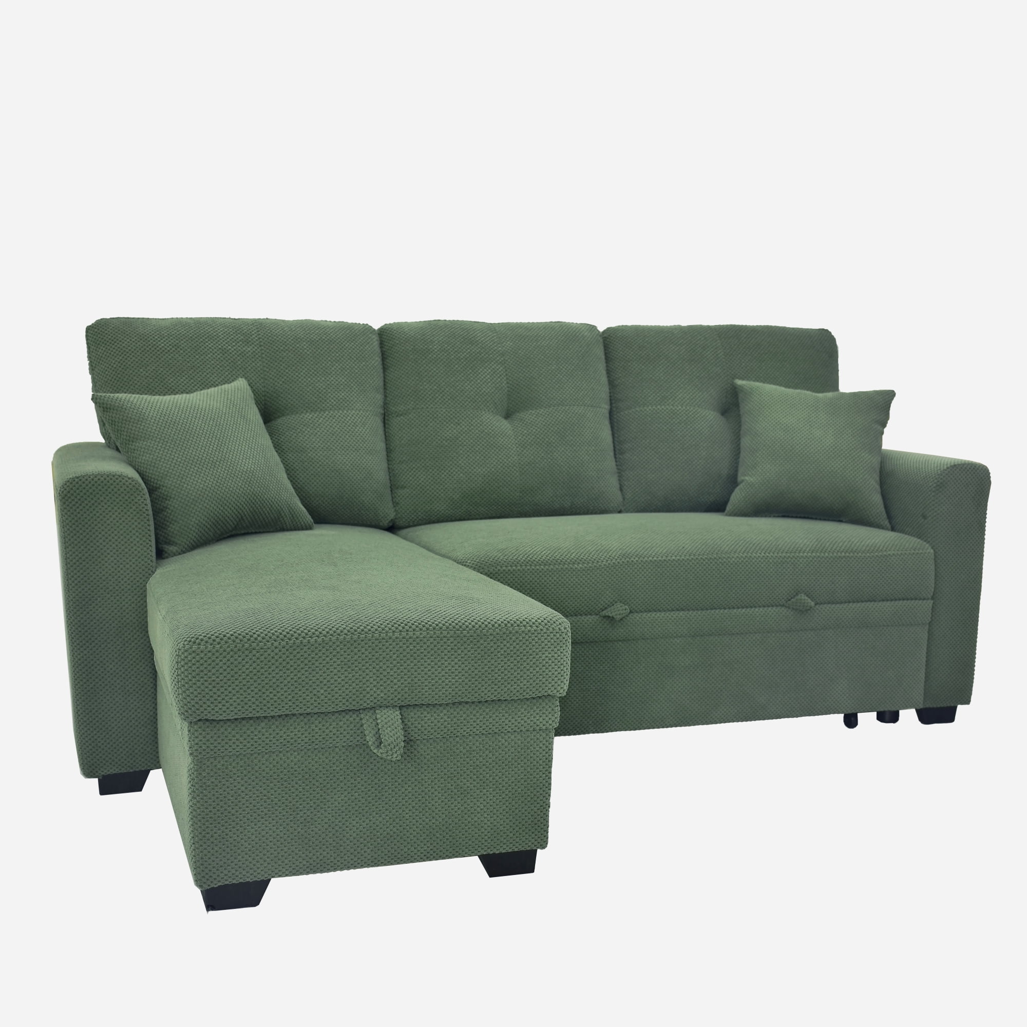 Leumius L Shaped Sectional Sofa with Pull Out Bed and Storage Chaise, 3 Seater Sectional Couch Convertible Sofa Bed for Small Space, Apartment & Guest Room, Dark Green
