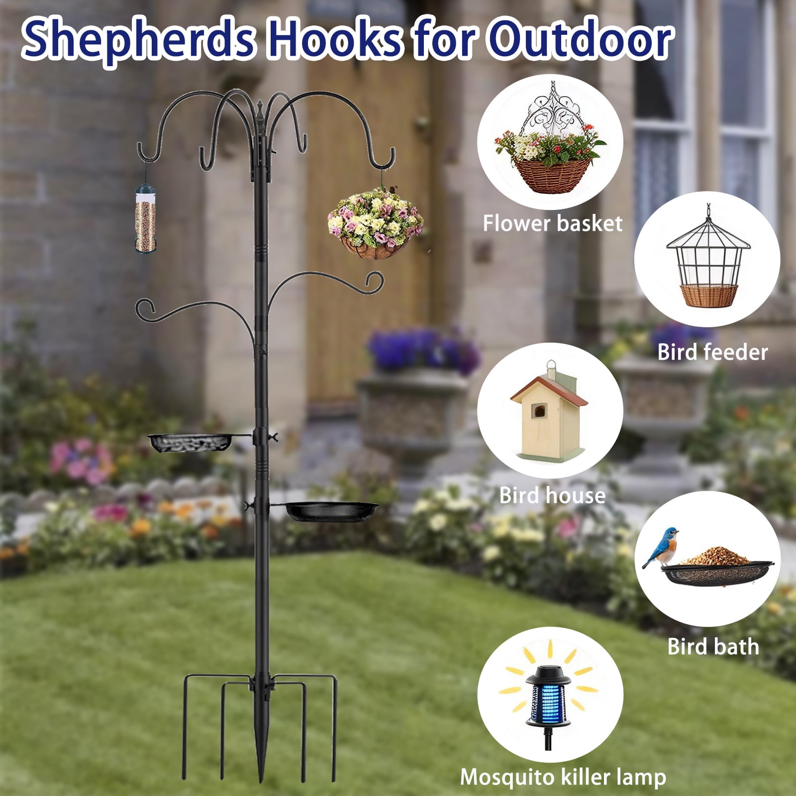 6-Hook Bird Feeding Station Kit Wild Bird Feeder Stand Pole, Multi-Feeder Hanging Kit Stand with Water Bowl, Mesh Tray, 88 Inch