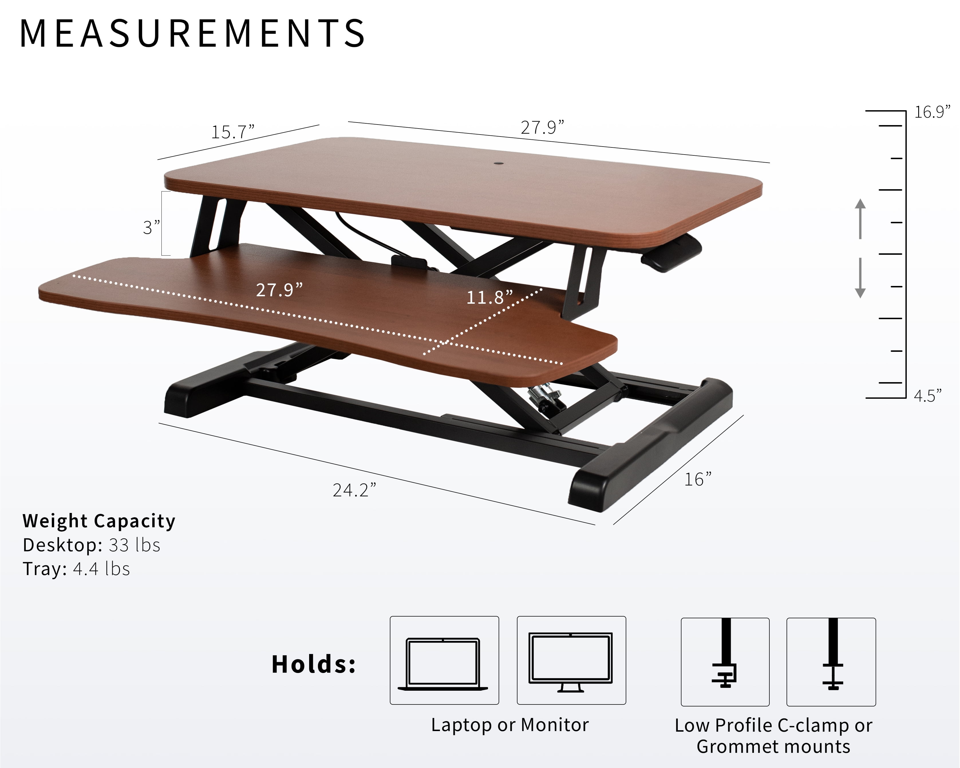 VIVO Dark Walnut Height Adjustable 28" Standing Desk Monitor Riser, Black Frame