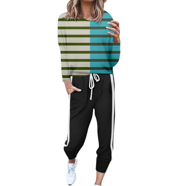 Gibobby Sudaderas de Forro Polar y Pantalones Conjunto de pantalones casuales con cordones de manga larga y cuello redondo a color block a la moda para mujer(Verde,CH)
