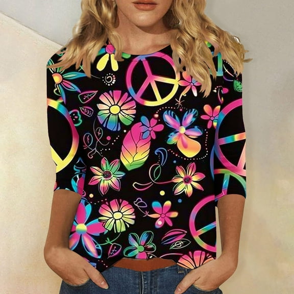 Simua Fall Tops for Women 2024 Trendy 3/4 Sleeve Funny Printed Tops Dressy Casual Blouses Basic Tees Crewneck Tshirts