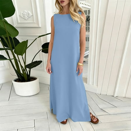 Mifsaly Womens Summer Dresses Sleeveless Linen Dress Maxi Lightweight Flowy Beach Vacation Travel Spring Summer Outfits M