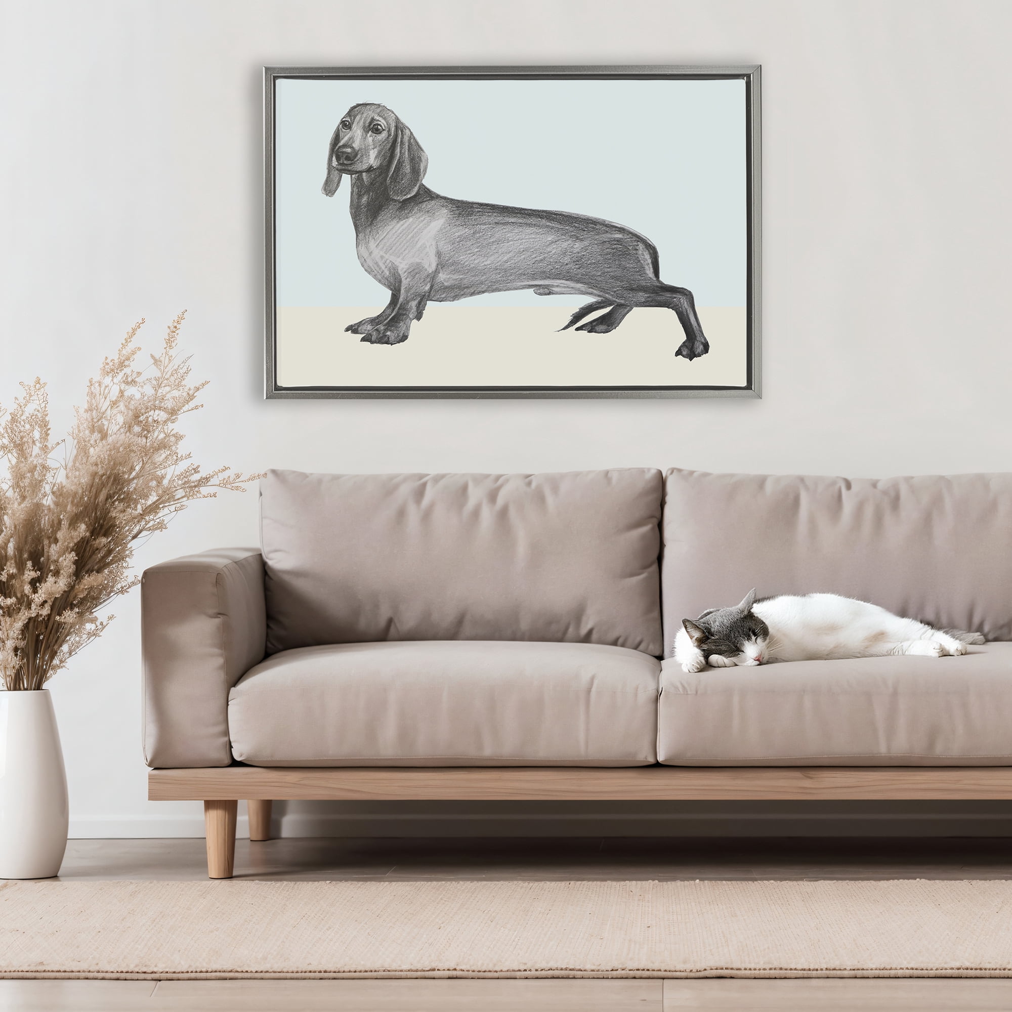 Stupell Industries Sketched Dachshund on Blue Gray Framed Floater Canvas Wall Art, design by Violeta Vollmer