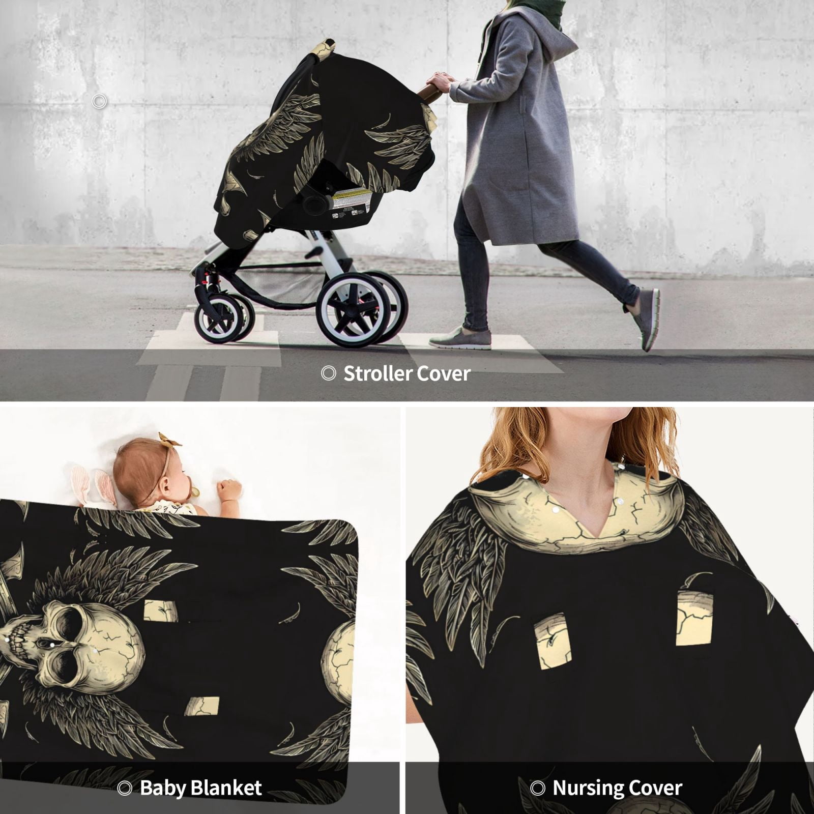 Car Seat Cover Baby - Gothic Winged Skull Breathable Infant Car Seat Cover for Baby Carseat, Lightweight Comfort Baby Essentials Must Haves Newborn Stuff for Girl Boy