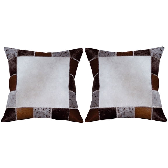 Hilason Set Of 2 Cowhide Leather Hair-On Patchwork Cushion Pillow Cover 16 X 16
