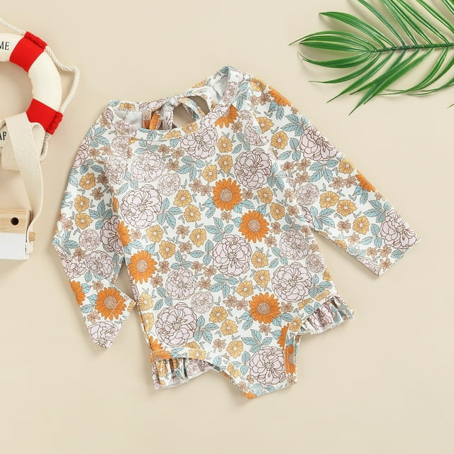 Little Girl Rash Guard Bathing Suits Floral Printing Long Sleeve Sun Protection Toddler Girls Bathing Suits Girls 4-5 Years