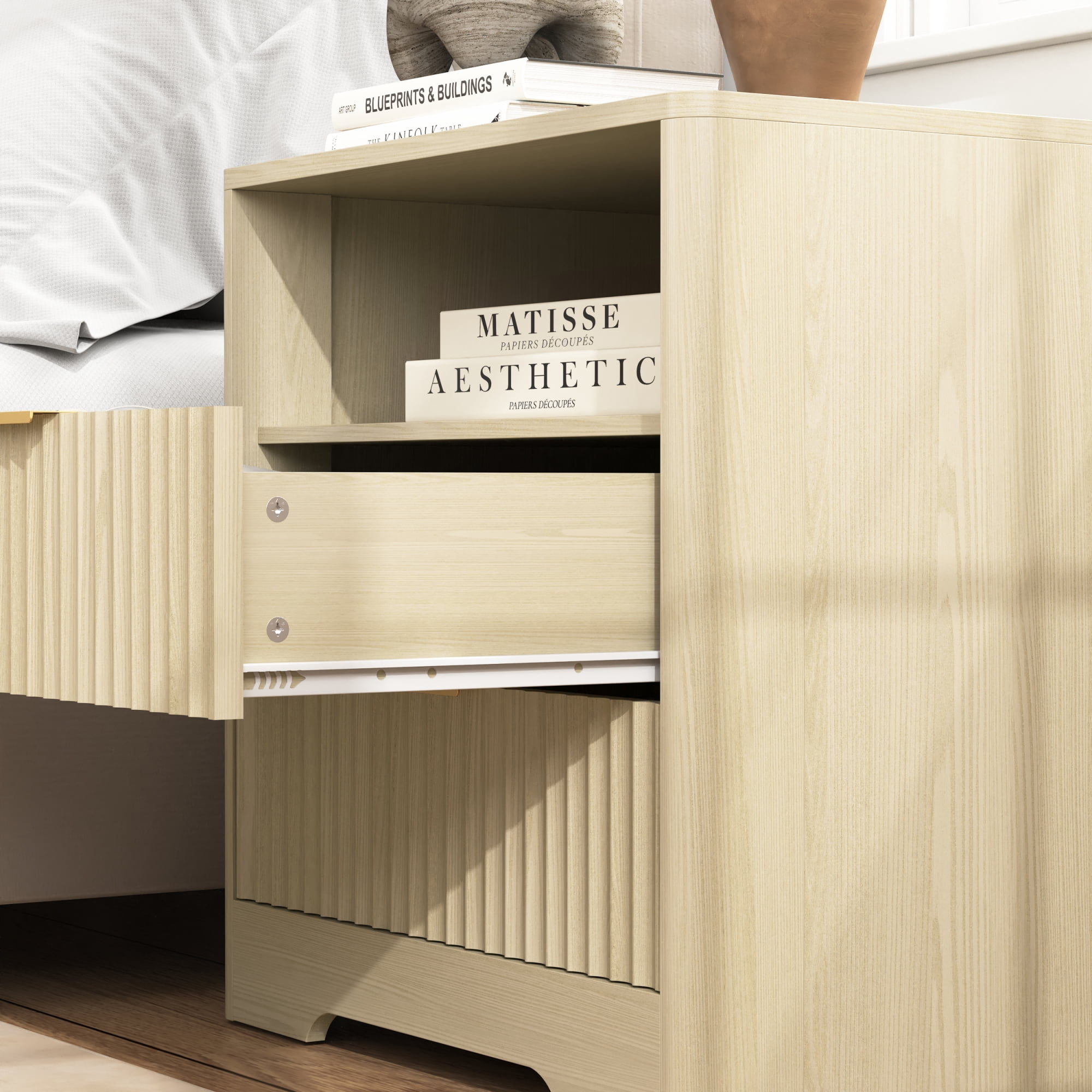 Nightstand with 2 Drawers,Smart Nightstand Bedside Tables with Night Light,Modern End Table for Bedroom,Living Room,Wood02