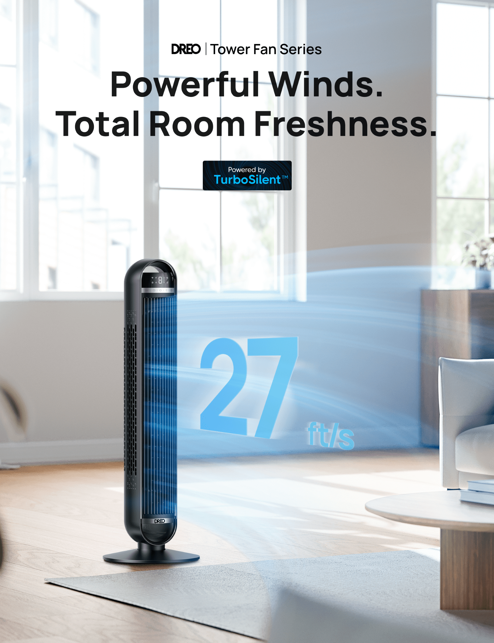 DREO Nomad DC Tower Fan, 27ft/s Velocity, Ultra Quiet Bladeless Floor Fan with 10 Speeds and 4 Modes, 90° Oscillating, Remote Control
