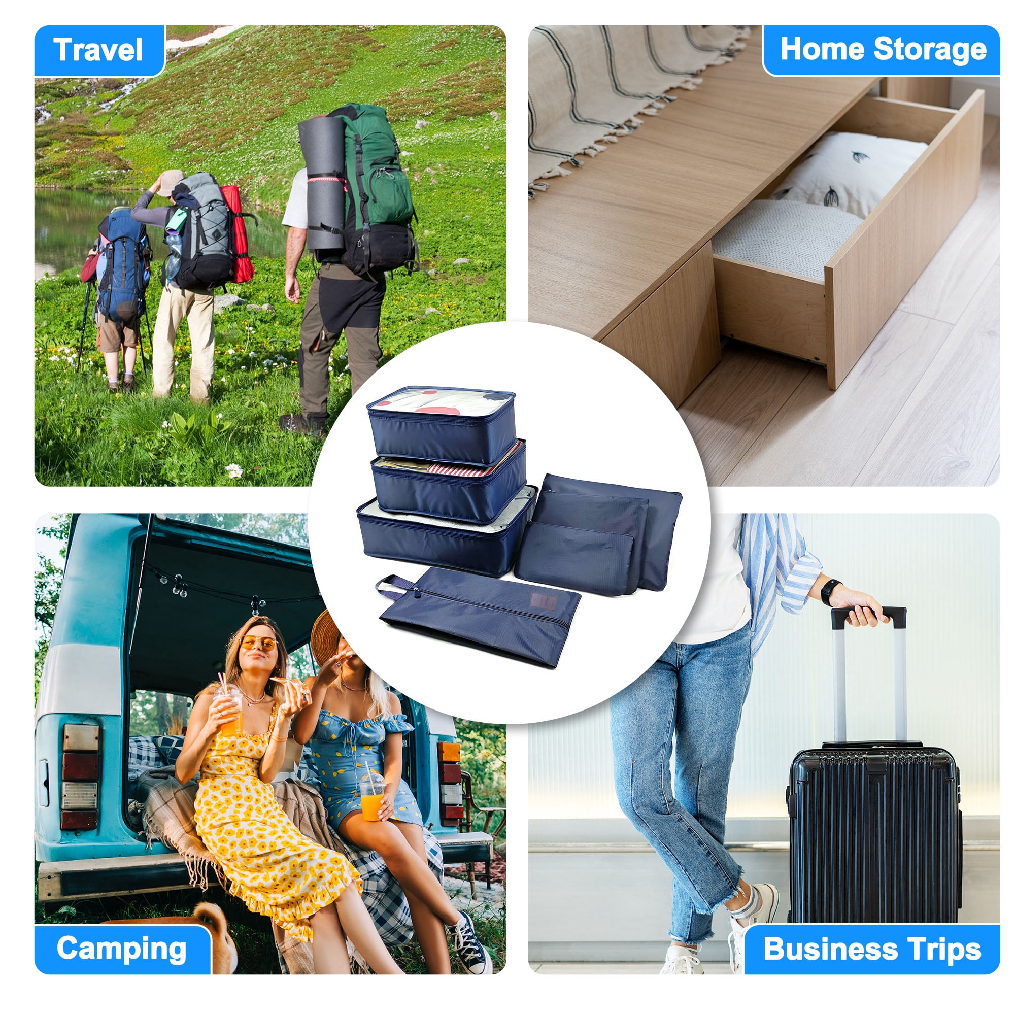 Unique Bargains 7Pcs Zipper Design Packing Cube Set For Luggage Navy Blue